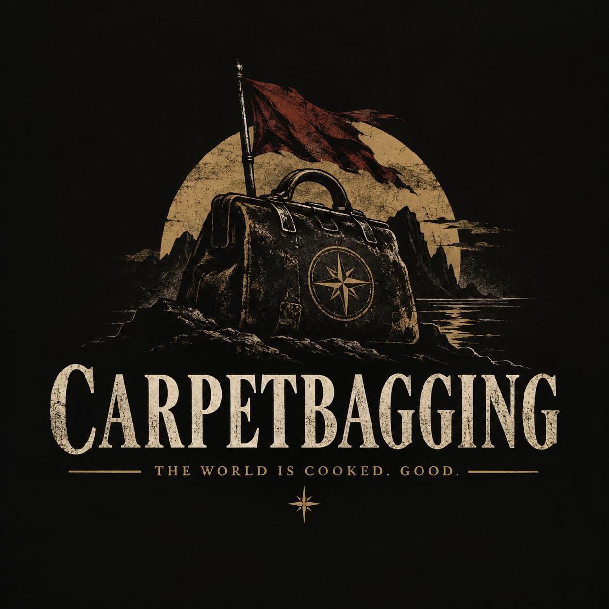 Carpetbagging placeholder artwork: worn travel bag, compass mark, red flag, desert sun.